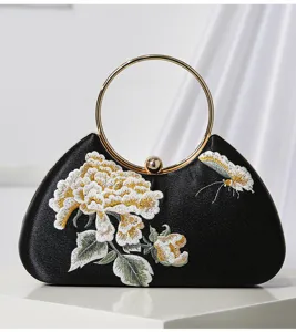 Bolso de noche bordado retro chino con asa de anillo dorada para vestido qipao