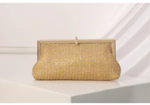 Elegante goldene Strass-Abendtasche Detailansicht, funkelnde Kristalle mit Metallrahmen.
