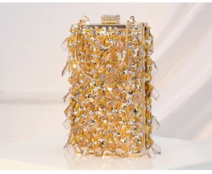 Vintage handmade beaded evening clutch bag, vertical box purse with crystal pendants for women.