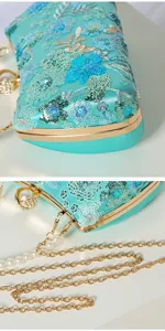 Elegant turquoise beaded sequin evening clutch with gold frame and pearl chain strap for party.