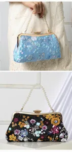 Elegant floral sequin evening bag with pearl handle for weddings, parties, and formal dresses.