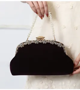 Vintage velvet pearl evening clutch bag elegant rhinestone handbag for women wedding party