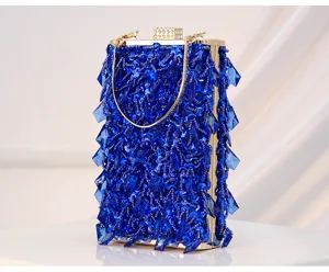Blue handmade beaded evening bag, vintage crystal sequin clutch for wedding party dress.