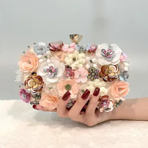 Handcrafted Floral Evening Bag Beaded Clutch Purse Vintage Rhinestone Wedding Party Handbag For Women