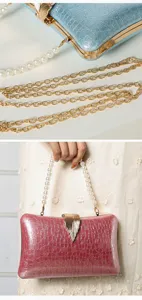 Detail close-up of sparkling evening clutch bag, elegant pearl handle, gold leaf clasp metal chain