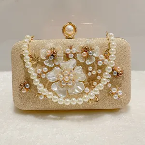 Women Luxury Glitter Evening Bag Pearl Floral Chain Crossbody Bag Wedding Party Banquet Handbag Clutch Purse
