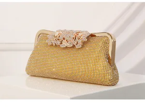 Elegant gold rhinestone evening clutch bag with sparkling crystal leaf clasp for women wedding party.
