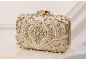 Elegant champagne crystal beaded evening clutch bag vintage rhinestone wedding bridal purse