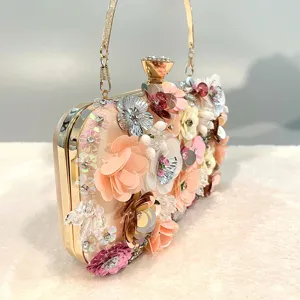 Handmade floral evening clutch bag for women, exquisite beaded party bridal handbag.