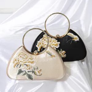 Bolso de Noche de Poliéster Bordado Chino Vintage Bolso de Mano Circular Floral Retro para Vestido Cheongsam Hanfu para Mujer