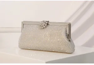 Silver rhinestone evening clutch bag detail showing sparkling crystals and metal clasp frame.