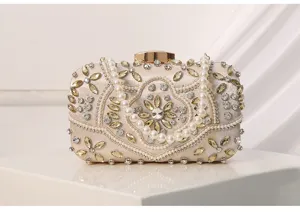 Elegant beaded pearl rhinestone evening clutch bag vintage wedding party handbag for women.
