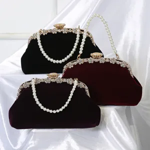Women Vintage Velvet Evening Bag Elegant Pearl Handle Rhinestone Clutch Bag Banquet Wedding Purse Handbag