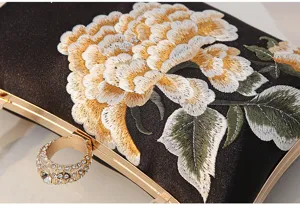 Black satin evening clutch with gold embroidery, elegant rhinestone ring handle for women.