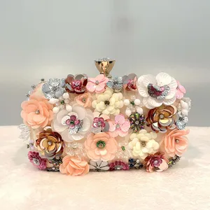 Handmade floral evening clutch bag with sequins and crystals for party bridal wedding events.