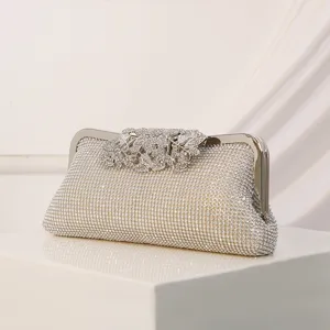 Sparkling Rhinestone Evening Bag Elegant Clutch Purse Satin Metal Frame Wedding Party Handbag Crossbody Chain Bag