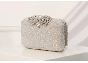 Bolso de noche brillante plateado para mujer, elegante bolso de mano rígido con strass.