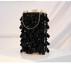 Black beaded evening clutch bag, exquisite handmade crystal vertical square design details.