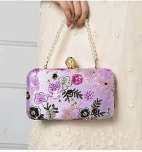 Elegante Pailletten Blumen Abendtasche mit Perlen Griff und Verschluss fuer Party.