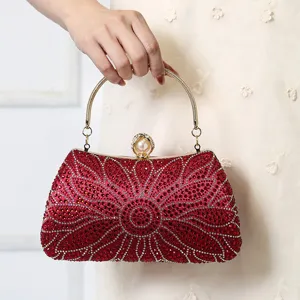 Bolso de Noche de Cuero PU de Lujo Con Strass Perlas Artificiales Asa de Metal Bolso de Mano Para Mujeres Banquete Boda