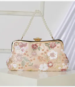 Elegant floral sequin evening bag with pearl handle and beaded embroidery for women dress party.