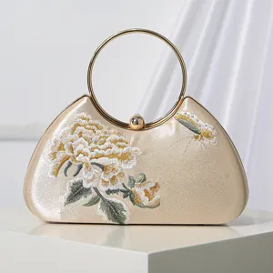 Bolso de noche bordado vintage chino cartera de raso con asa redonda de metal para vestido