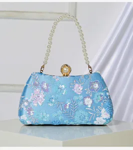 Close-up of light blue sequin beaded evening bag with elegant pearl handle and floral embroidery details.