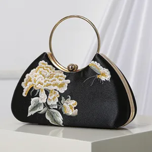 Elegante bolso de mano de noche bordado negro con asa redonda dorada estilo bolso chino