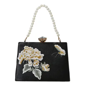 Elegant black satin embroidered peony evening clutch bag with pearl handle for women