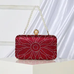 Elegant red crystal evening bag with pearl handle and floral rhinestones for women parties.