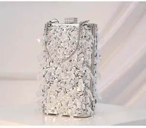Exquisite detail of crystal beaded evening clutch, shimmering fringes and metallic frame.