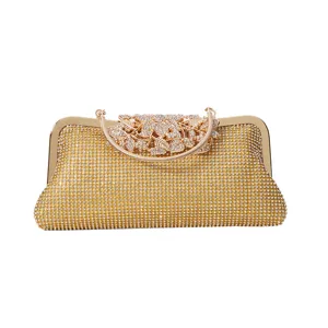 Luxury gold rhinestone evening clutch bag with sparkling crystals and elegant leaf clasp.