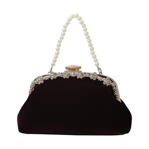 Vintage velvet pearl evening handbag elegant rhinestones clutch purse for wedding party dress