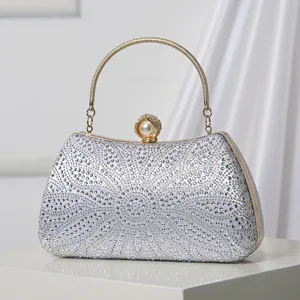Bolso de noche brillante con pedrería, asa de metal y cierre de perlas para mujeres.