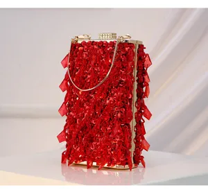 Red sequin beaded evening bag with crystal fringe, gold chain and rhinestone lock for dress.