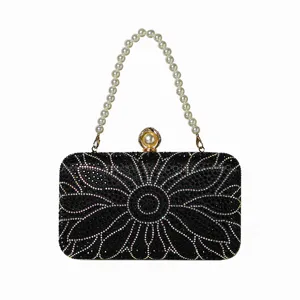 Elegant black rhinestone evening bag with pearl handle and floral crystal design for women