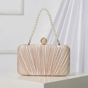 Women Satin Pleated Evening Clutch Bag Elegant Pearl Chain Handbag Crossbody Purse For Wedding Party