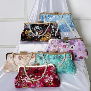Women Fashion Sequins Floral Embroidery Evening Bag Elegant Pearl Chain Handbag Clutch Purse For Wedding Party Banquet