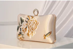 Elegant silk evening clutch bag with embroidered peony and rhinestones ring handle for women.