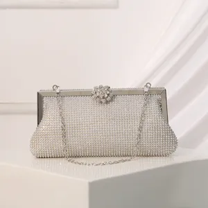 Sparkling rhinestone evening clutch bag with flower clasp and chain strap for women weddings