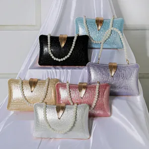 Luxury Crocodile Texture PU Leather Evening Bag Clutch Purse With Pearl Chain And Gold Leaf Buckle For Women Party Banquet
