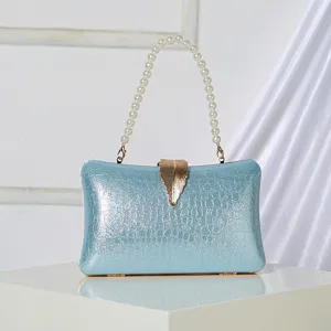 Elegant light blue evening clutch bag with pearl handle and gold leaf clasp for women.
