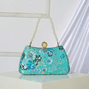 Turquoise sequin embroidered evening bag with pearl handle elegant clutch purse for party prom