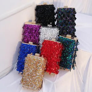 Women Luxury Vintage Beaded Evening Bag Sequins Handbag Crystal Wedding Party Clutch Bag Metallic Frame Chain Shoulder Bag
