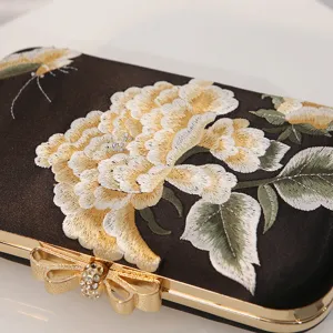Chinese style embroidered evening clutch bag, black satin purse for women parties and weddings.