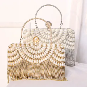 Borsa da sera perle strass lusso manico metallo frange pochette donna per matrimonio