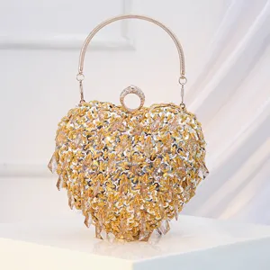 Glamorous heart shaped sequin beaded evening clutch bag for women wedding party banquet dress.