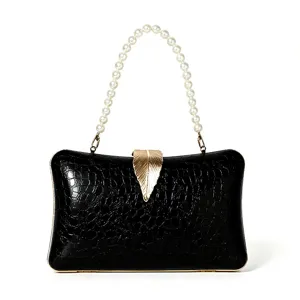 Black evening bag with pearl handle and gold leaf clasp, elegant clutch purse for women.