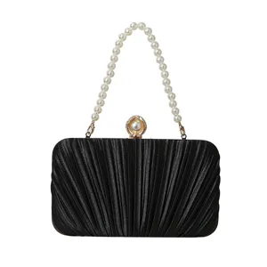 Black pleated evening clutch bag with pearl handle elegant bridal handbag for party dress.