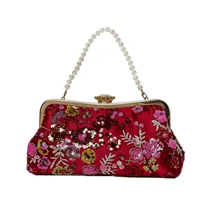 Red floral sequin evening bag with pearl handle elegant wedding party clutch purse